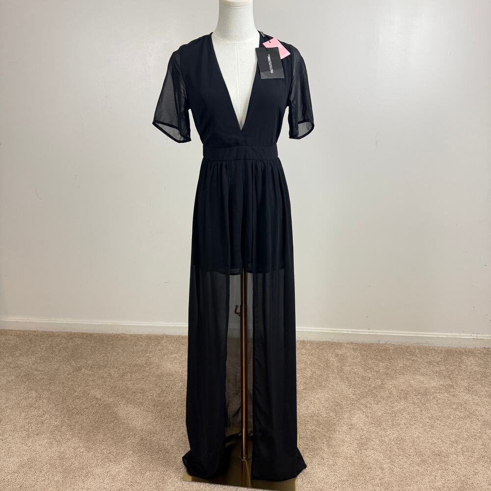 NWT PrettyLittleThing Black Maxi Overlay Playsuit Romper/Jumpsuit Size 6